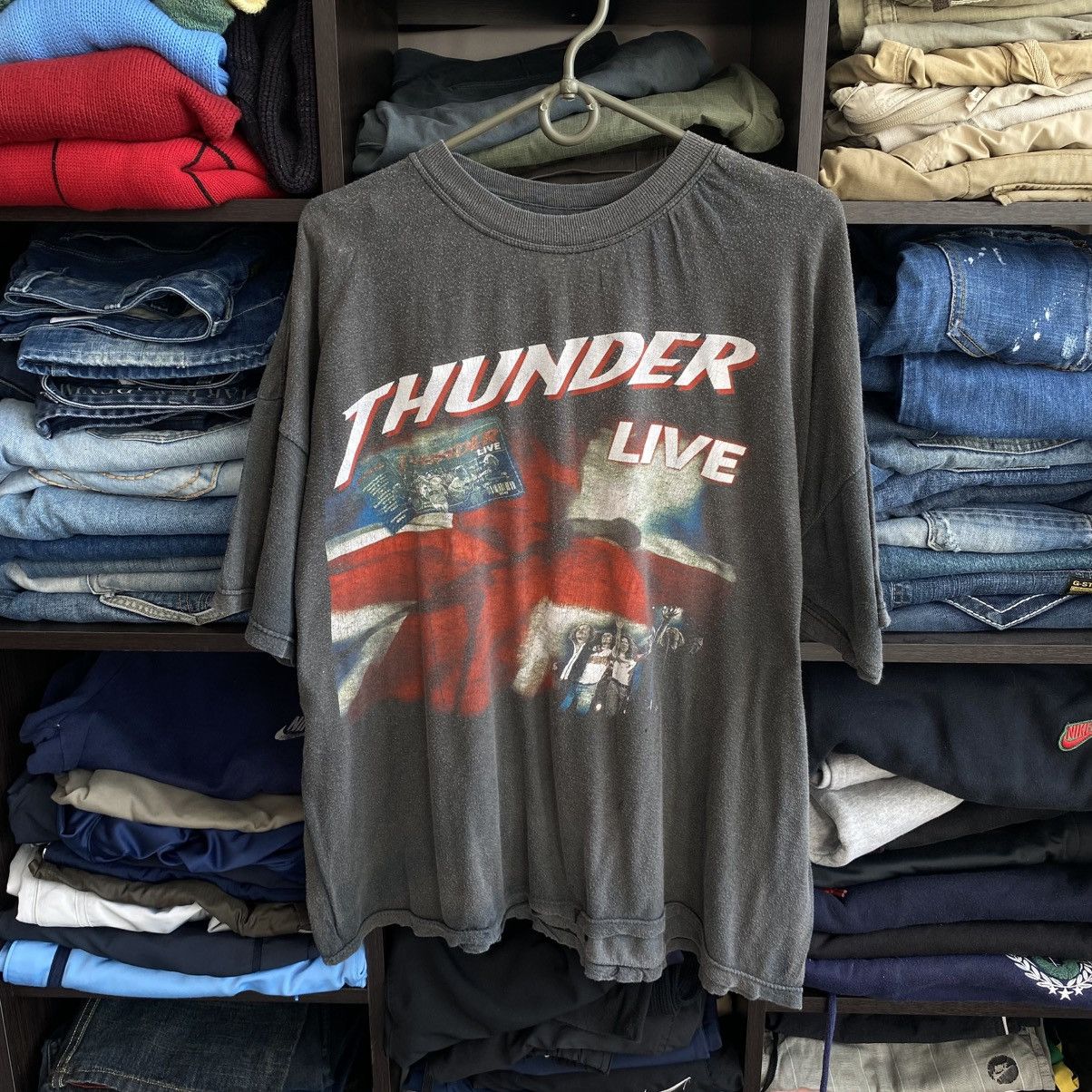 Band Tees Vintage Thunder Live 1998 Big Logo Archival Distressed Tee Hoodie, Sweatshirt | FlexRushtees.com