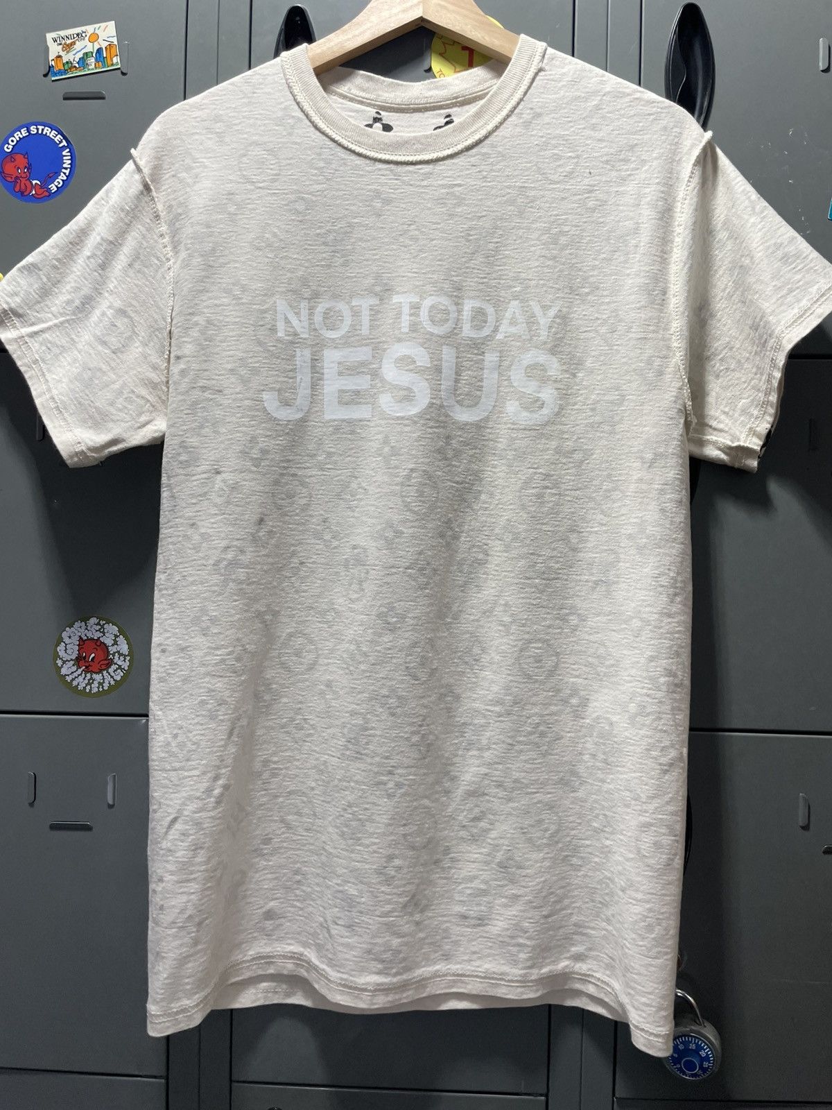 Vintage Not Today Jesus Off White Tee White Text Inside Out Monogram Hoodie, Sweatshirt | FlexRushtees.com