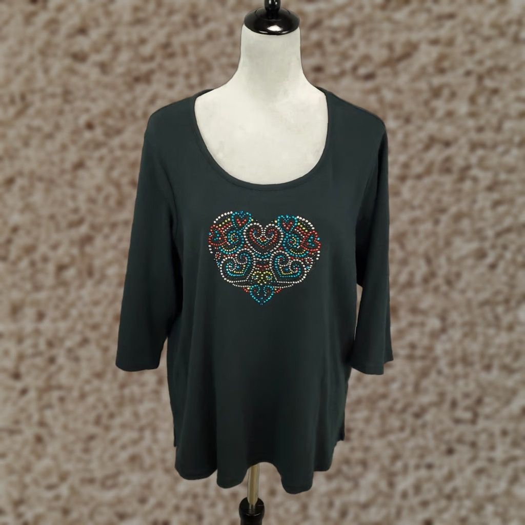 Factory Vintage Quacker Factory Plus Blouse 1x Black Studded Rhinestone Heart 3 4 Sleeve Wom