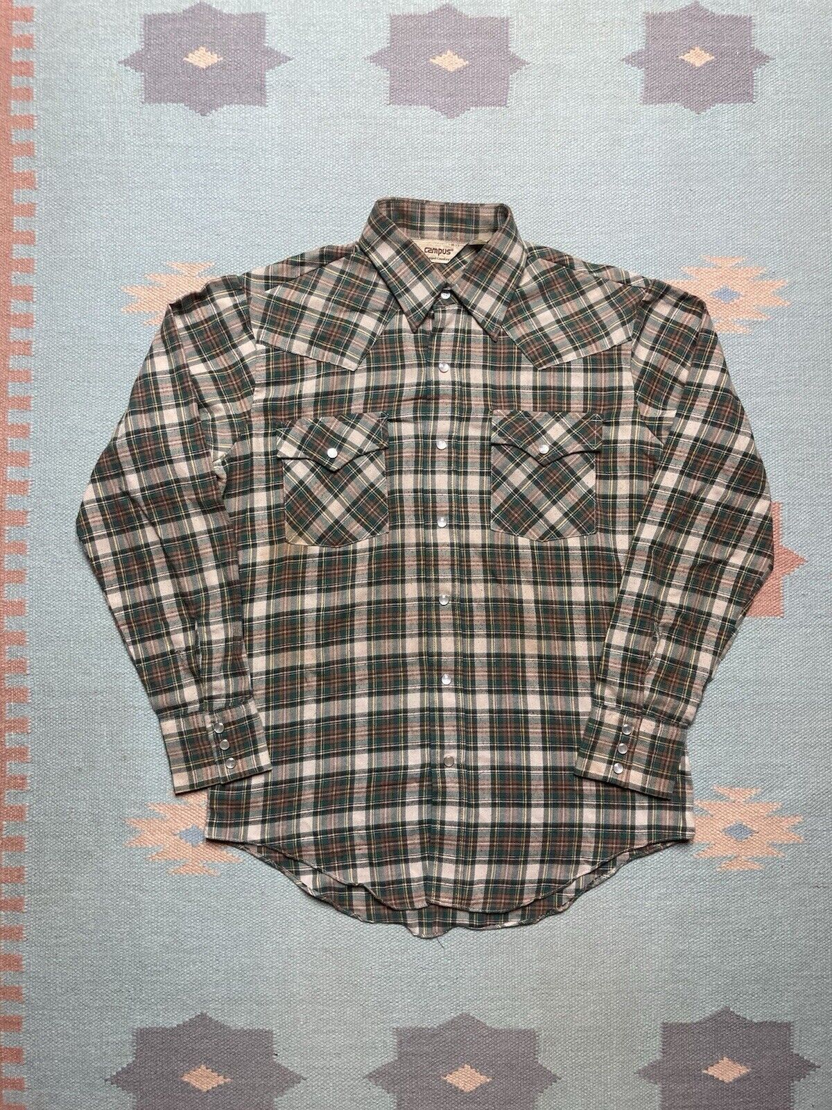 Vintage 70s Flannel Shirt Campus Pearl Snap Western Cowboy Medium