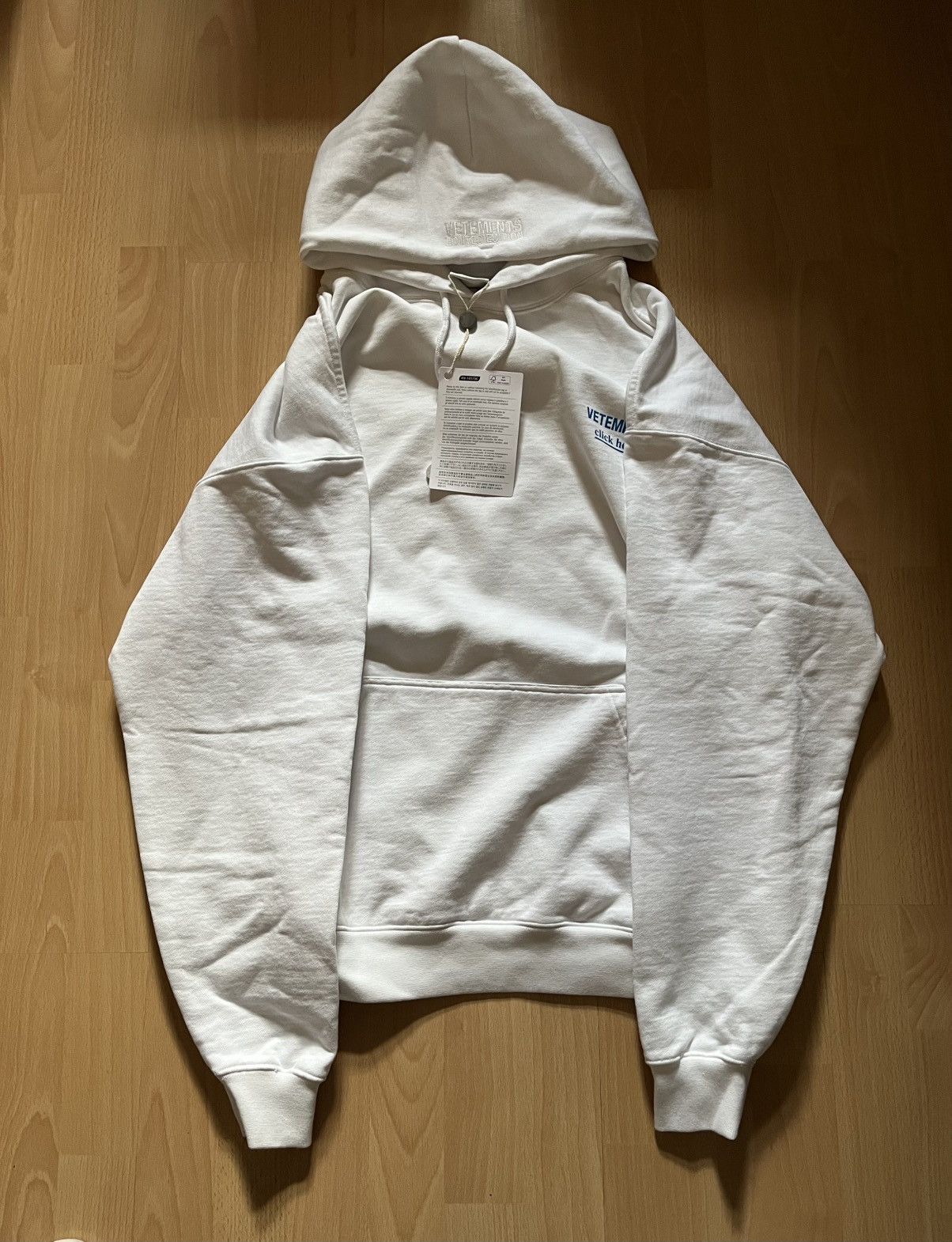 White Vetements Click Here Hoodie Size S Fits Bigger T-Shirts, Sweatshirt | FlexRushtees.com