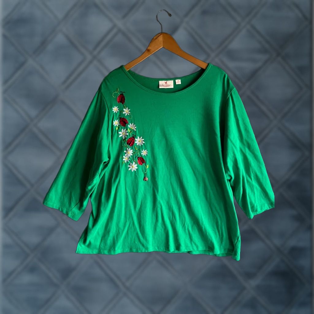 Factory Quacker Factory T Shirt Women Plus Size 2x Green Floral Motif Springtime Lagenlook