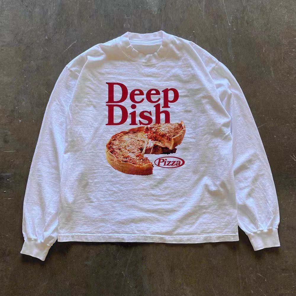 Vintage Pizza Pattern White Casual Vintage Cotton Long Sleeve Tee