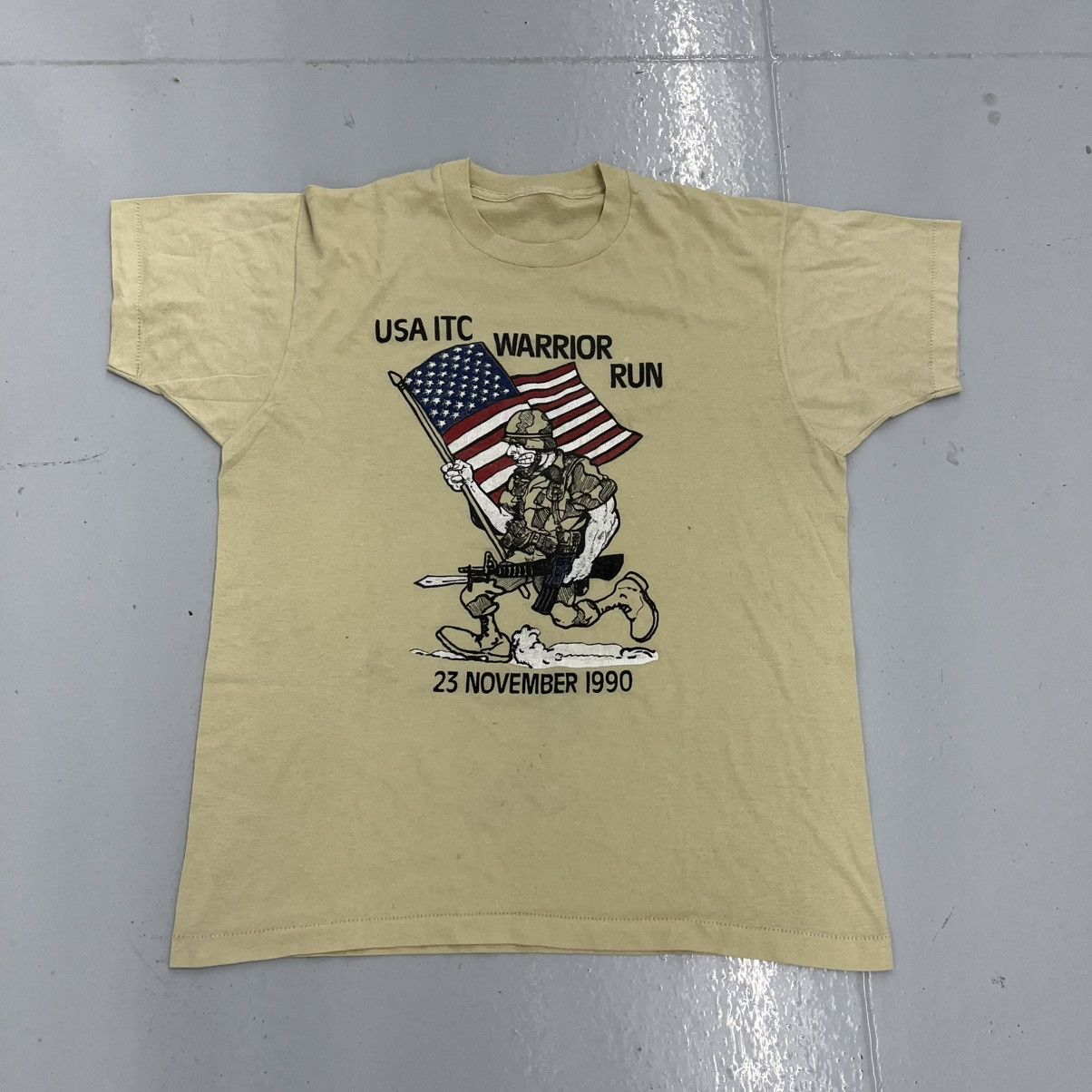 Other Vintage 1990 Usa Itc Warrior Run Beige T Shirt Hoodie, Sweatshirt | FlexRushtees.com