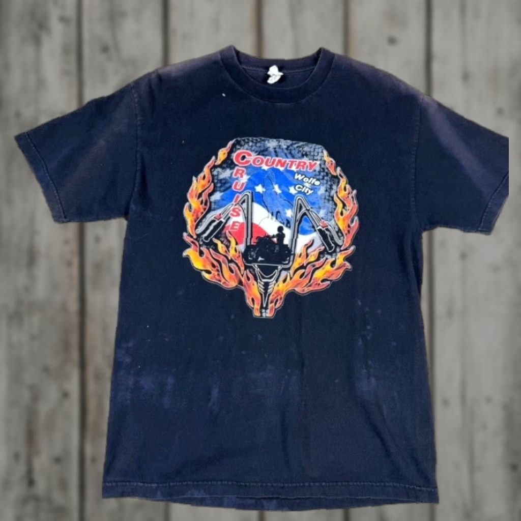 Vintage Flame Country Cruise Biker Shirt Mens L Black Tee Short Sleeve Crew Neck Graphic Pri