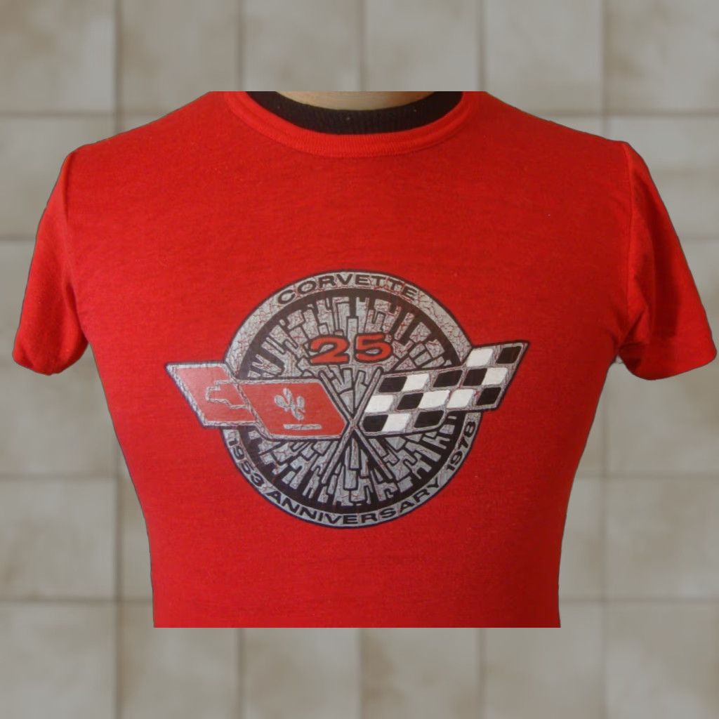 Vintage 70s Chevy Corvette 25th Anniversary Iron On T Shirt S Red Unisex Long Sleeve Shirt 7