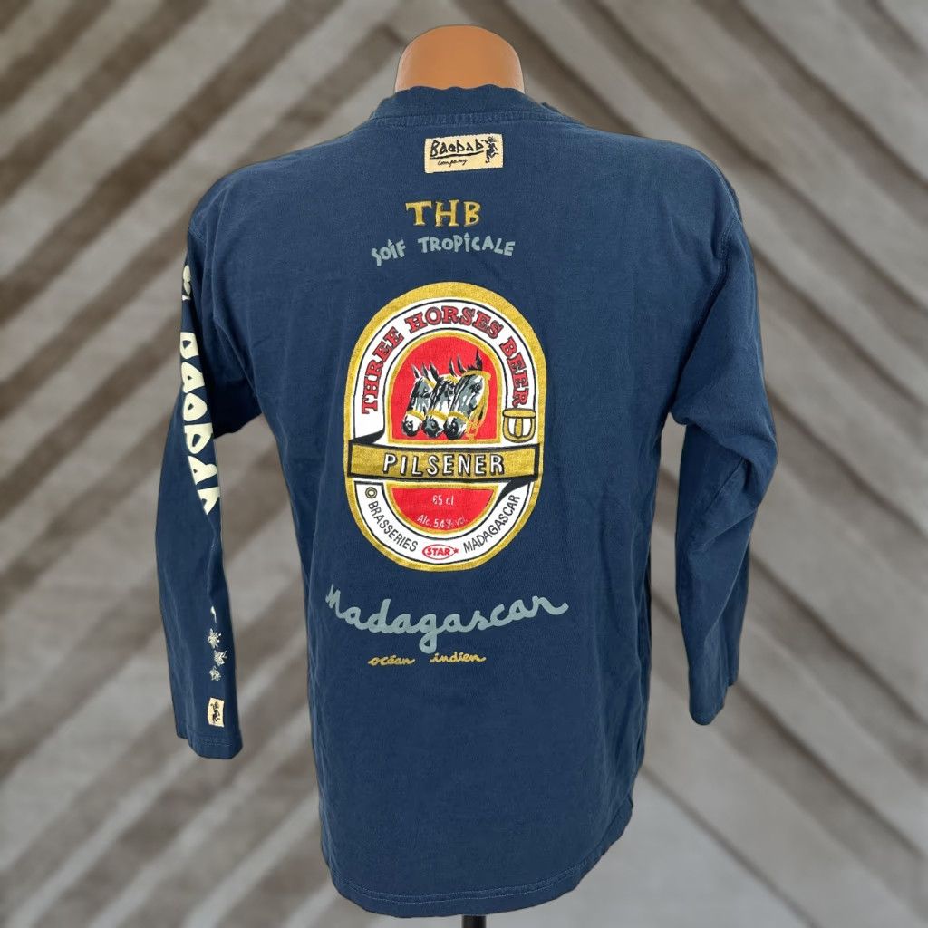 Vintage Baobab Madagascar Beer T Shirt Crew Neck Long Sleeve Men Medium Blue Cotton 90s Souv