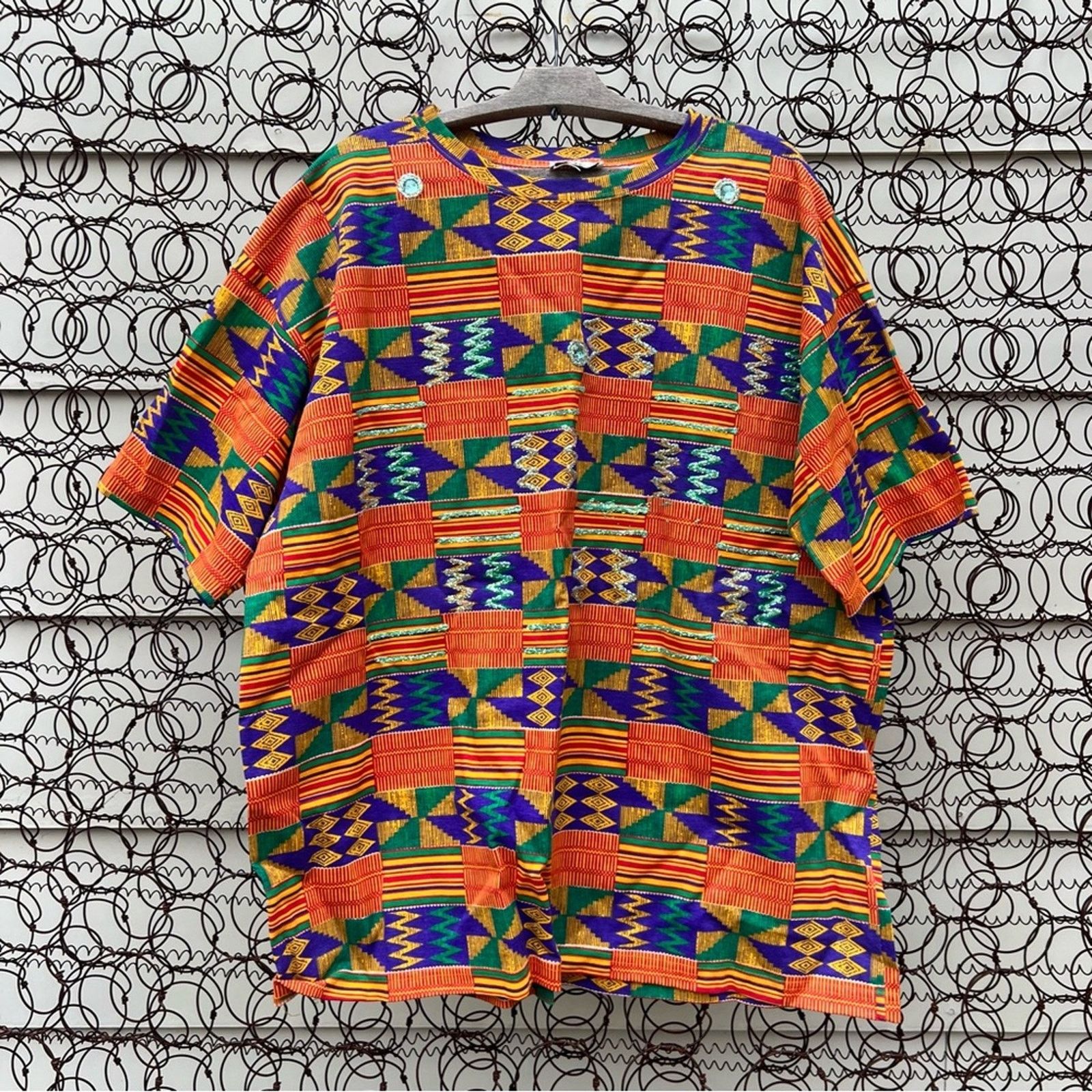 Vintage 90s Merci Orange Geometric Ethnic Tribal T Shirt 3x