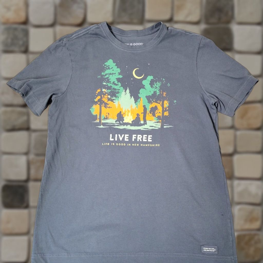 Life Is Good Live Free Life Is Good Crusher T Shirt Men M Blue Campfire Woods Nature Camping Colorfu Hoodie, Sweatshirt