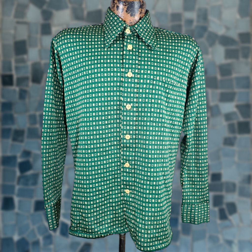 Vintage Vintage 60s 70s Disco Shirt Mens L Green Tan Square Geometric Abstract Art