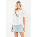 Embroidery Detail Puff Sleeve Tassel Top