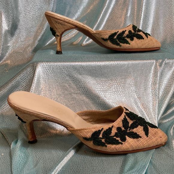Vintage 50 S Cream Slides Kitten Heel Mules Shoes Size 6