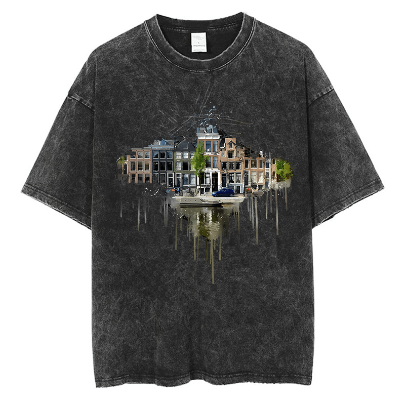 Vintage Amsterdam City Painting Graphic Black Bleached Short T Shirt Hoodie, Sweatshirt | FlexRushtees.com