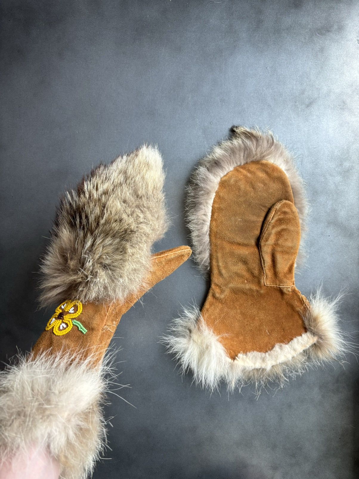 Vintage Fur Mittens Beaded Gauntlets Indigenous American Usa