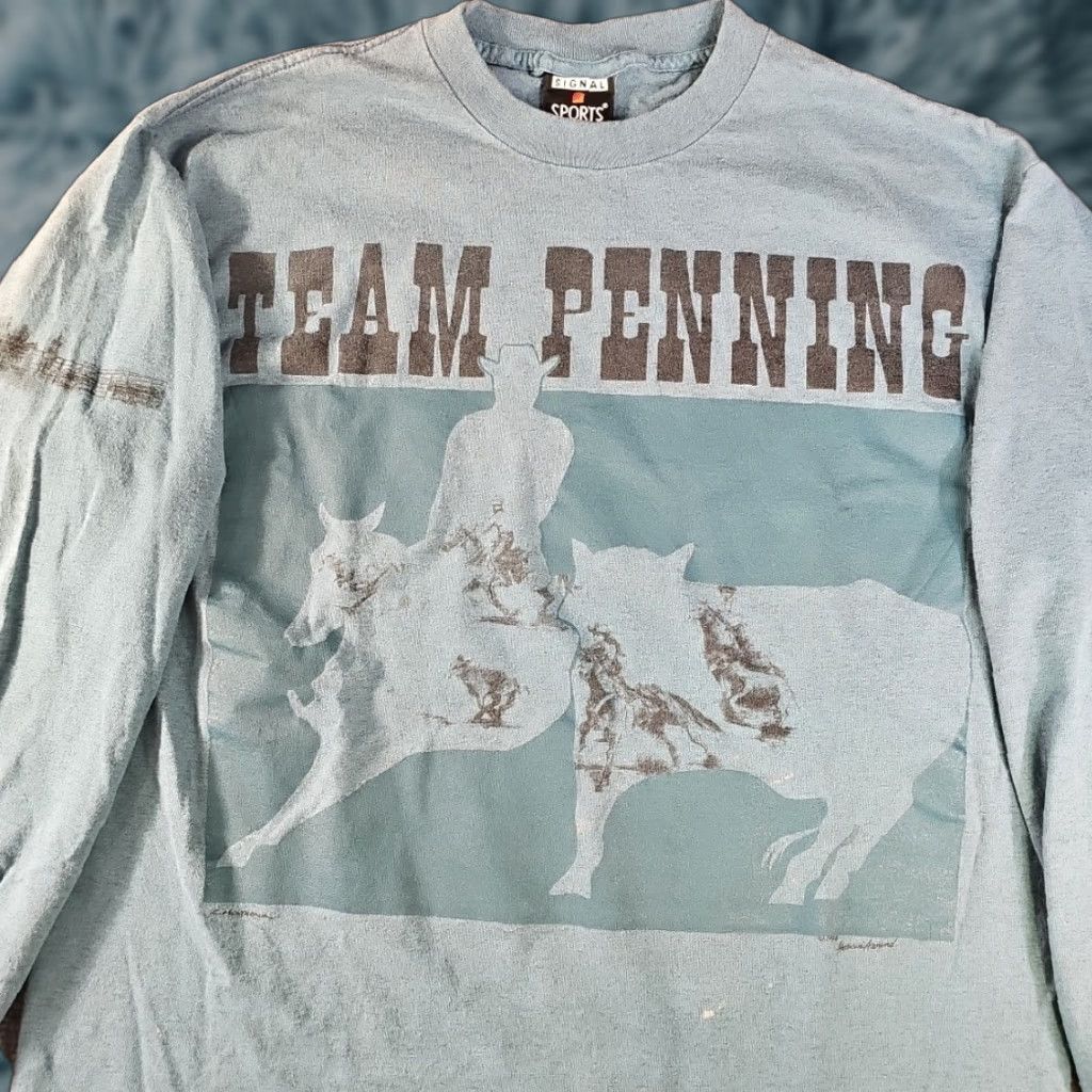 Vintage Signal Team Penning Horses Cowboy Horsin Around Shirt Long Sleeve Large Blue Men Cre
