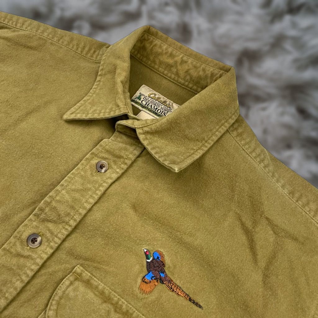 Vintage Cabela S Men S Deerskin Soft Chamois Pheasant Embroidered Work Shirt L Green 100 Cotton Butt Hoodie, Sweatshirt