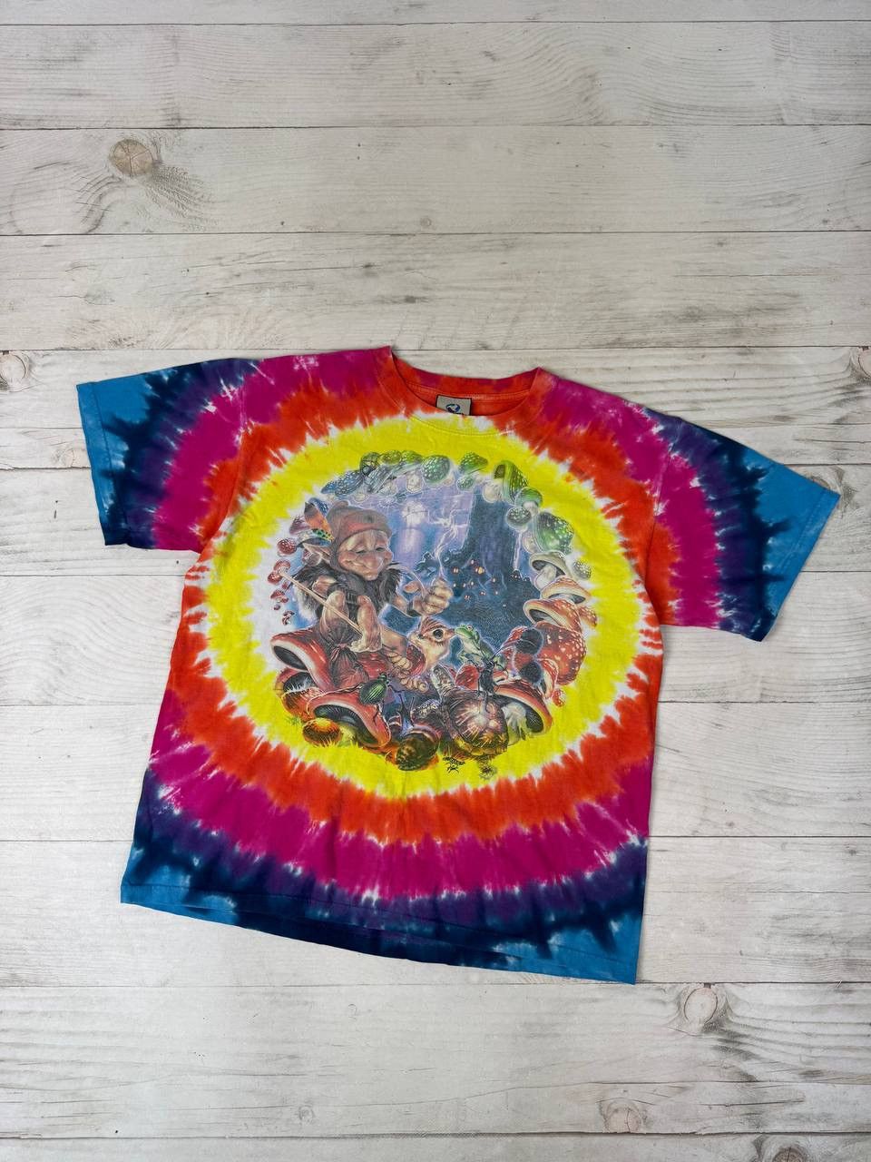 Blue Vintage Liquid Blue Mushroom Garden Elf T Shirt Tie Dye 1999