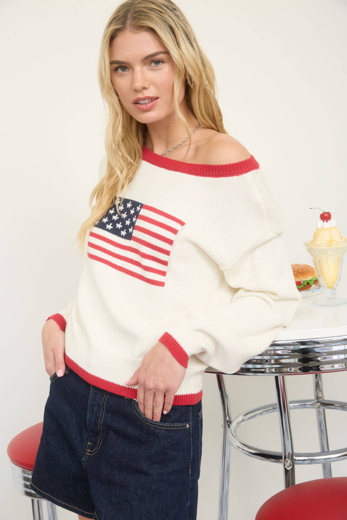 Contrast Trim American Flag Knit Pullover Sweater
