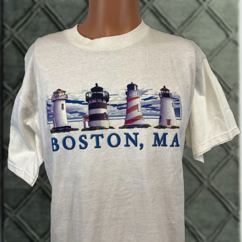 Fruit Of The Loom Vintage Fruit Of The Loom T Shirt Boston Massachusetts Light Tower Embossed White