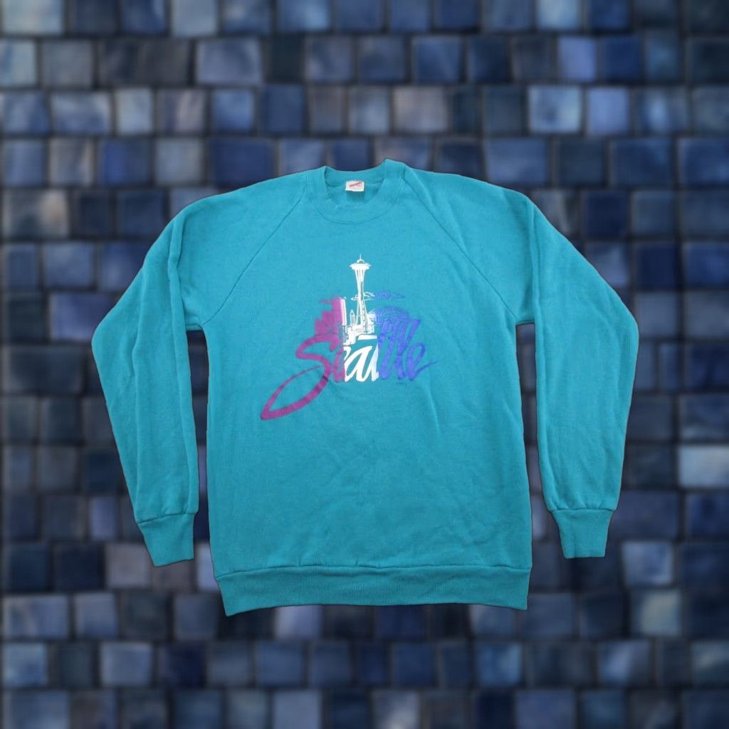 Jerzees Vintage Seattle City Sky Line Space Needle Raglan Sweatshirt Xl Men Pullover Crew Neck Multi