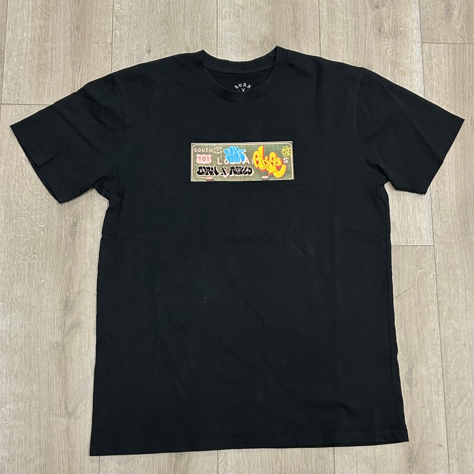 Born X Raised Gkae Freeway Sign Graffiti Black Tee Large L Hoodie, Sweatshirt | FlexRushtees.com