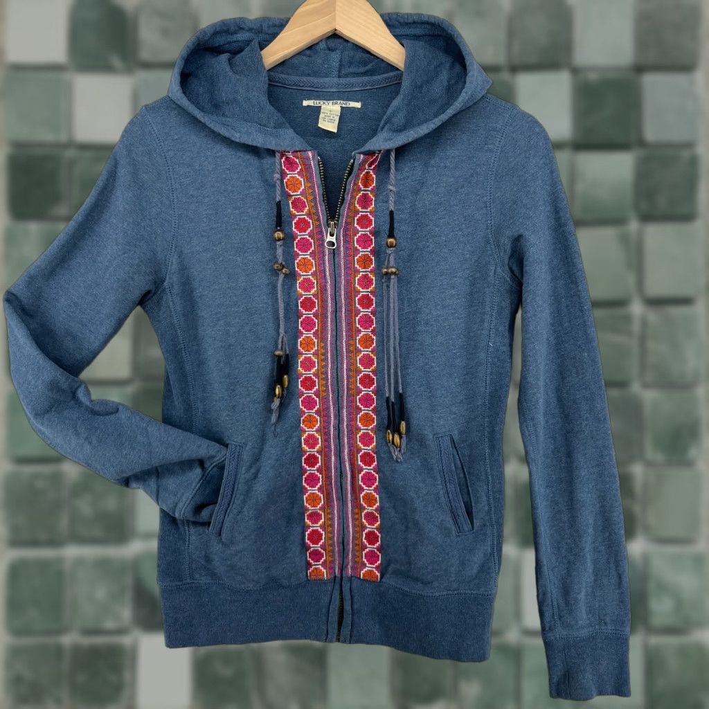 Brand Vintage Lucky Brand Hoodie Women S Boho Full Zip French Terry Sweatshirt Cotton Blue Win