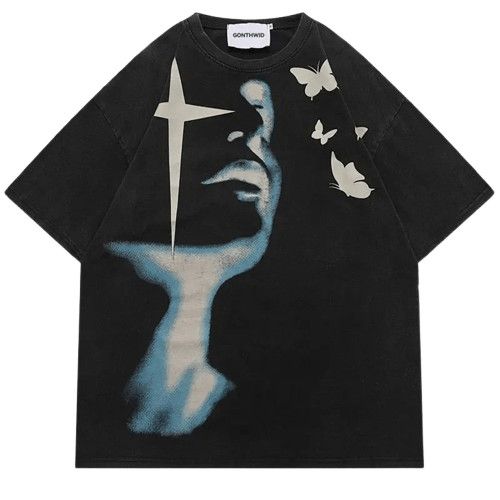 Vintage Gothic Cross Face Butterfly Black T Shirt Bleached Tees Hoodie, Sweatshirt | FlexRushtees.com