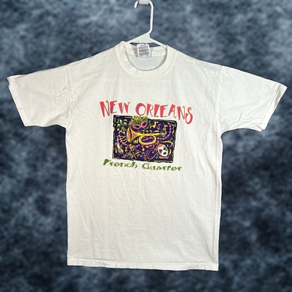 Jerzees Vintage 1990s New Orleans French Quarter Graphic T Shirt Mens Small Cotton White Hoodie, Sweatshirt