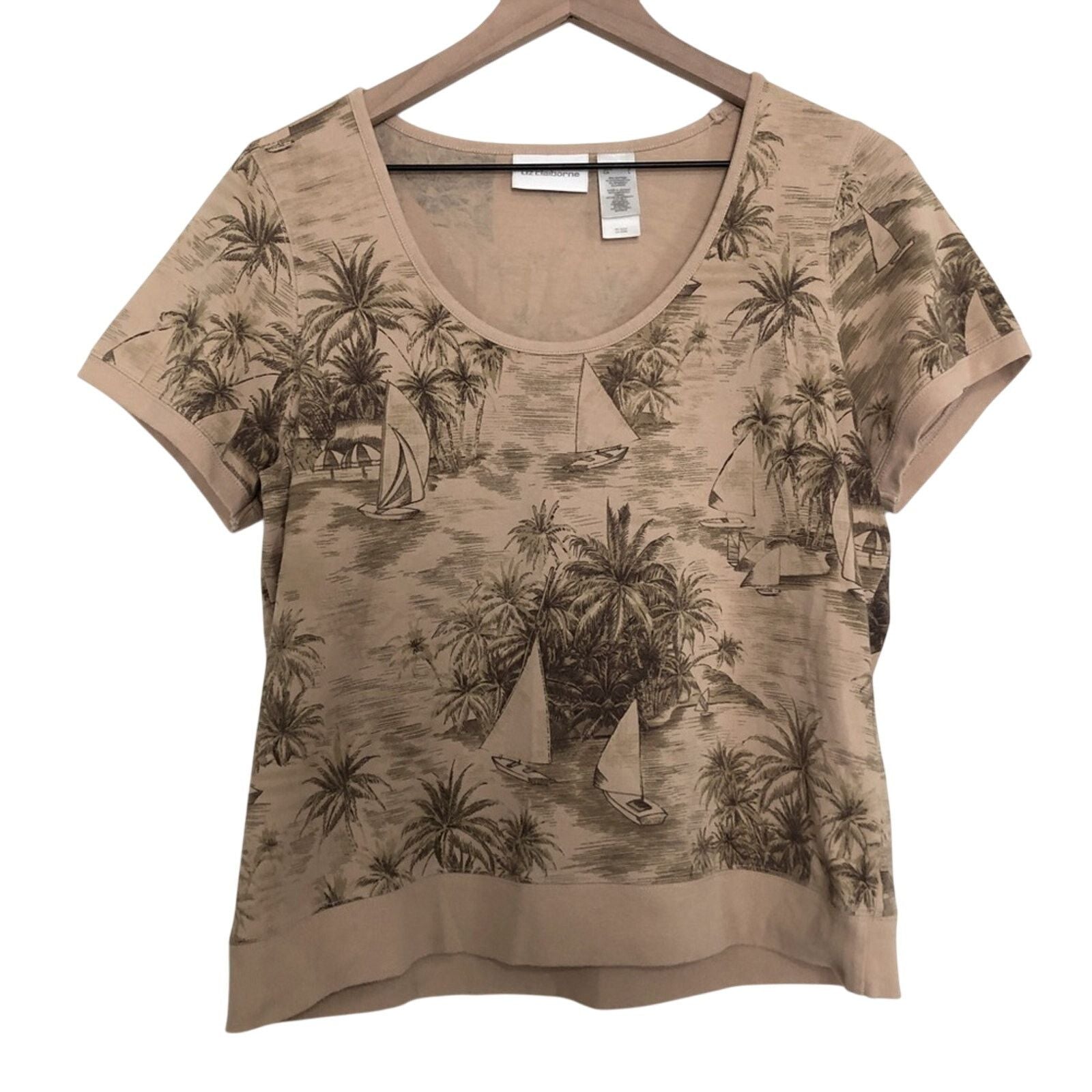 Other Liz Claiborne Beige Tan Tropical Beach Tee T Shirt Top