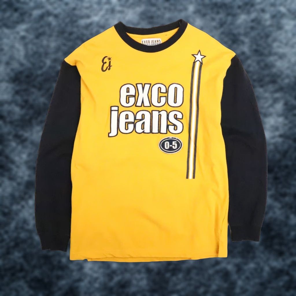 Vintage Exco T Shirt Men Long Sleeve Size M Yellow 90s Y2k Graphic Print Crew Neck Cotton Vi