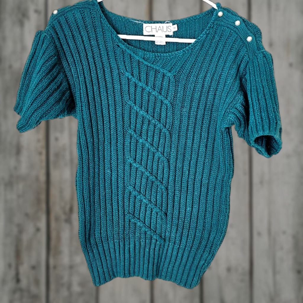 Vintage Chaus Sweater Shirt 80s Round Neck Short Sleeve Turquoise Cotton Blend Knit Pearl Ac