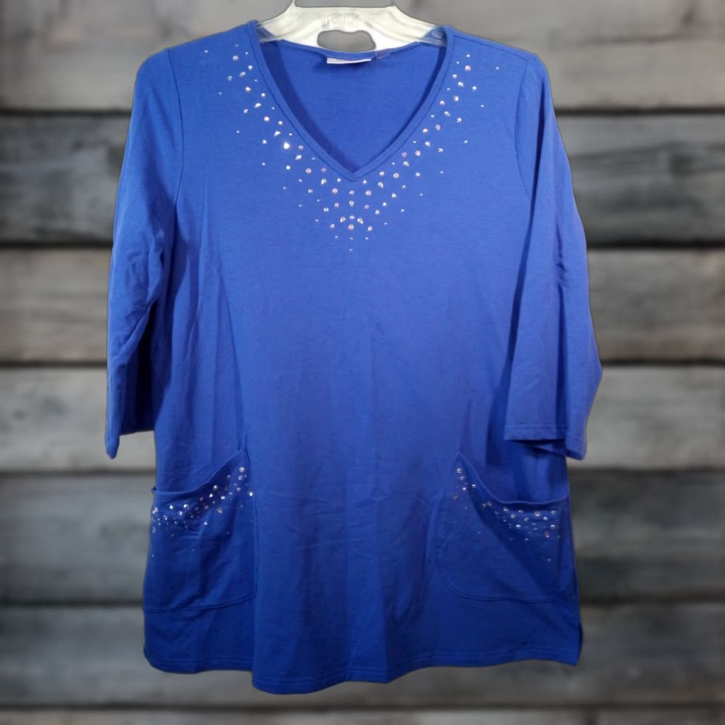 Factory Vintage Quacker Factory Women S Blouse Shirt Casual L Blue Rhinestones Pockets 3 4 S