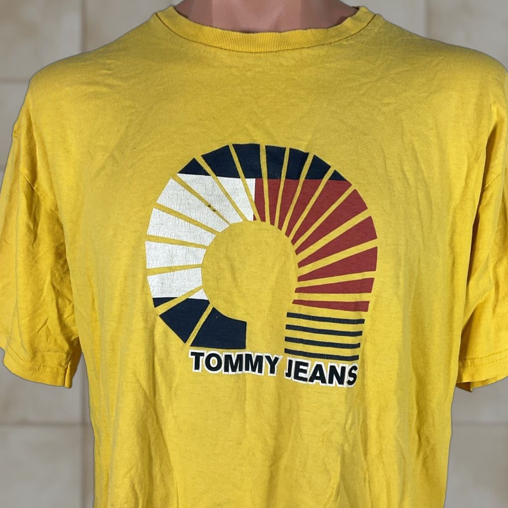 Hilfiger Vintage Tommy Hilfiger Yellow Logoed Crewneck T Shirt Men Large Usa Made Logo Short S