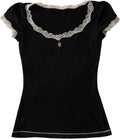 Y2K Fairy Lace Trim Top for Teen Girls Short Sleeve Slim Fit T-Shirts 2000s Tees Aesthetic Clothes