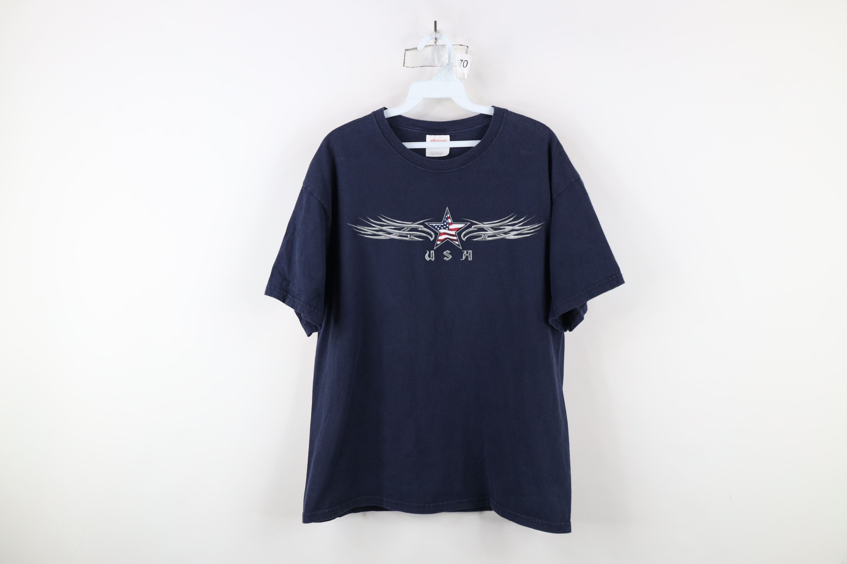 Vintage Y2k Streetwear Flag Eagle Tribal T Shirt Navy Blue
