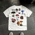 Vibe White Street Washed Retro Mushroom Print T Shirt