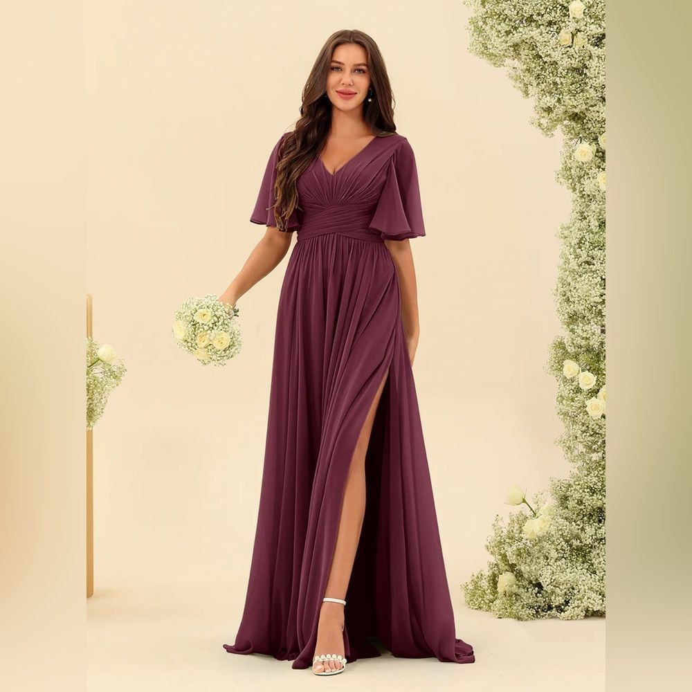 Other Lavetir A Line V Neck Half Sleeves Split Side Chiffon Mulber