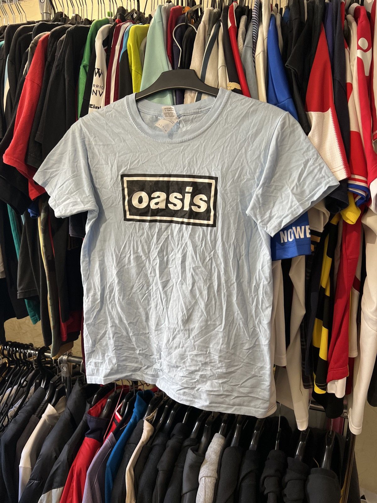 Vintage Oasis Definitely Maybe Blue Aop Box Logo T Shirt Hoodie, Sweatshirt | FlexRushtees.com