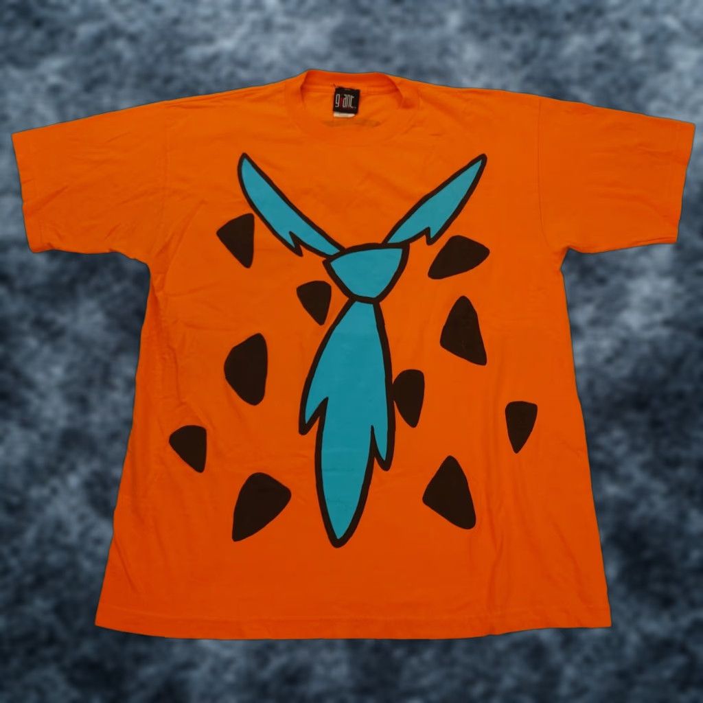 Vintage 90s Giant Flintstones T Shirt Men Xl Short Sleeve Crew Neck Orange Cotton Logo Graph