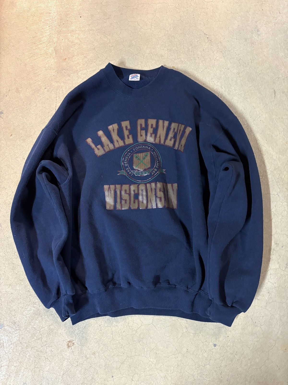 Vintage 90s Jerzees Lake Geneva Crewneck Sweatshirt Navy Xl