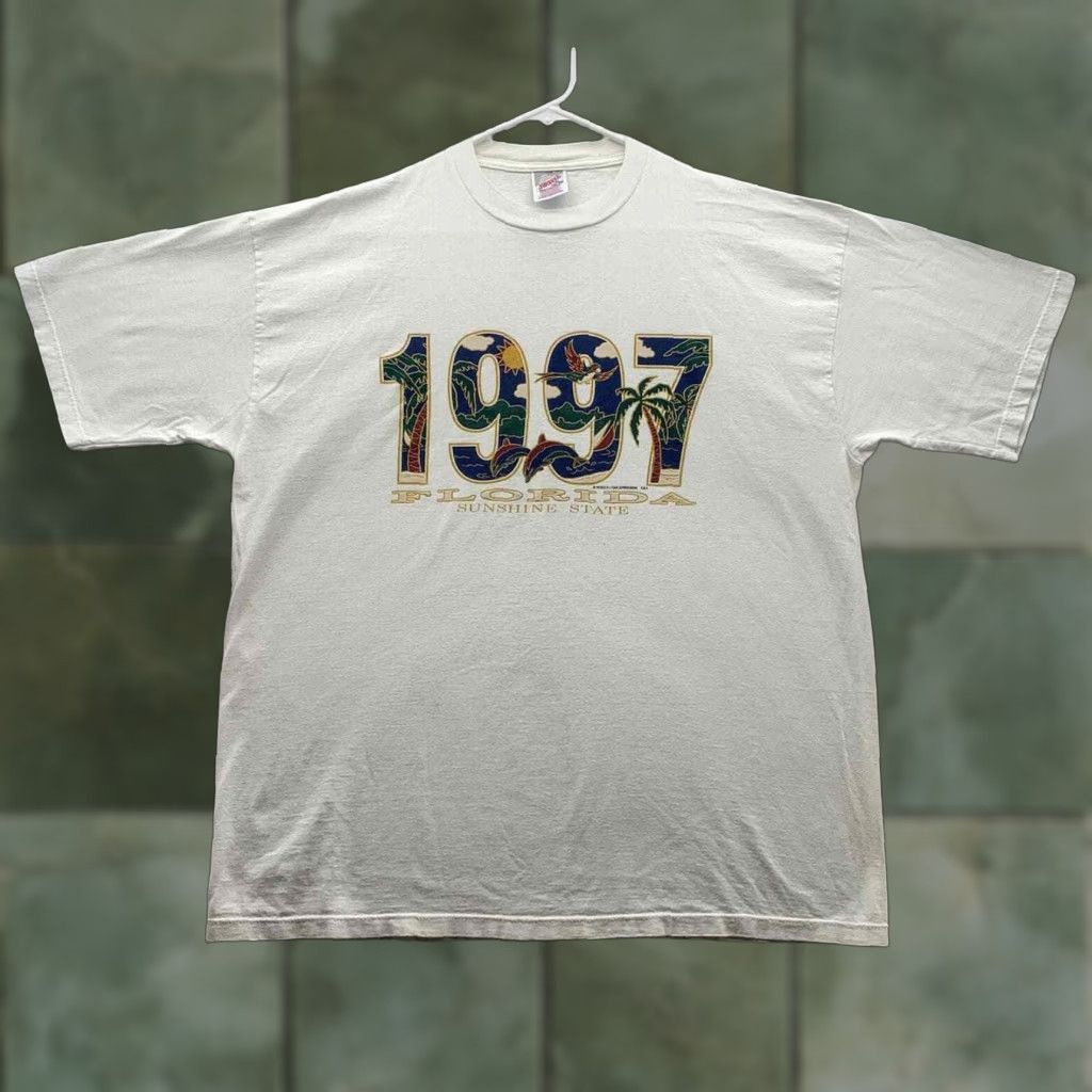 Vtg Jerzees 1997 Florida T Shirt Mens Xl White Sunshine State Tropical Shirt Adult Xl White