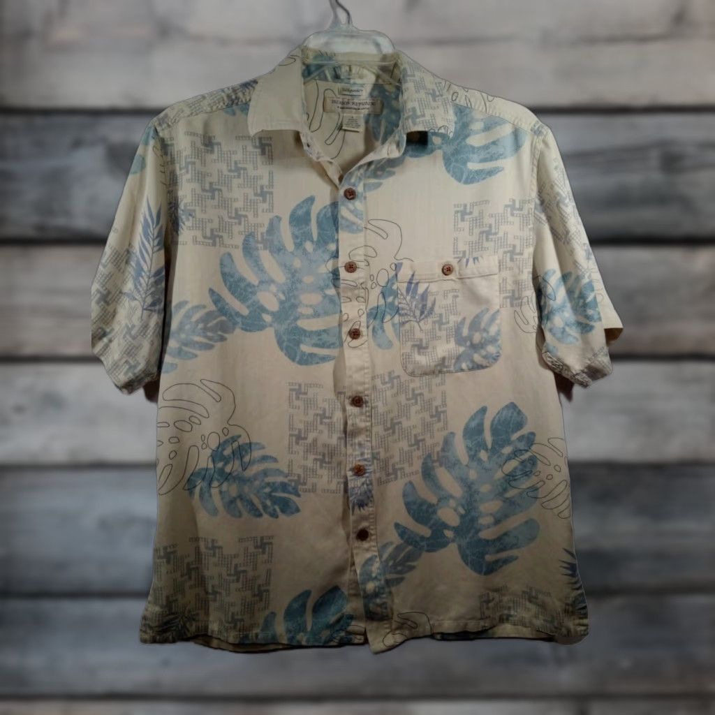 Vintage Island Republic Shirt Men L Beige Tropical Silk Blend Short Sleeve