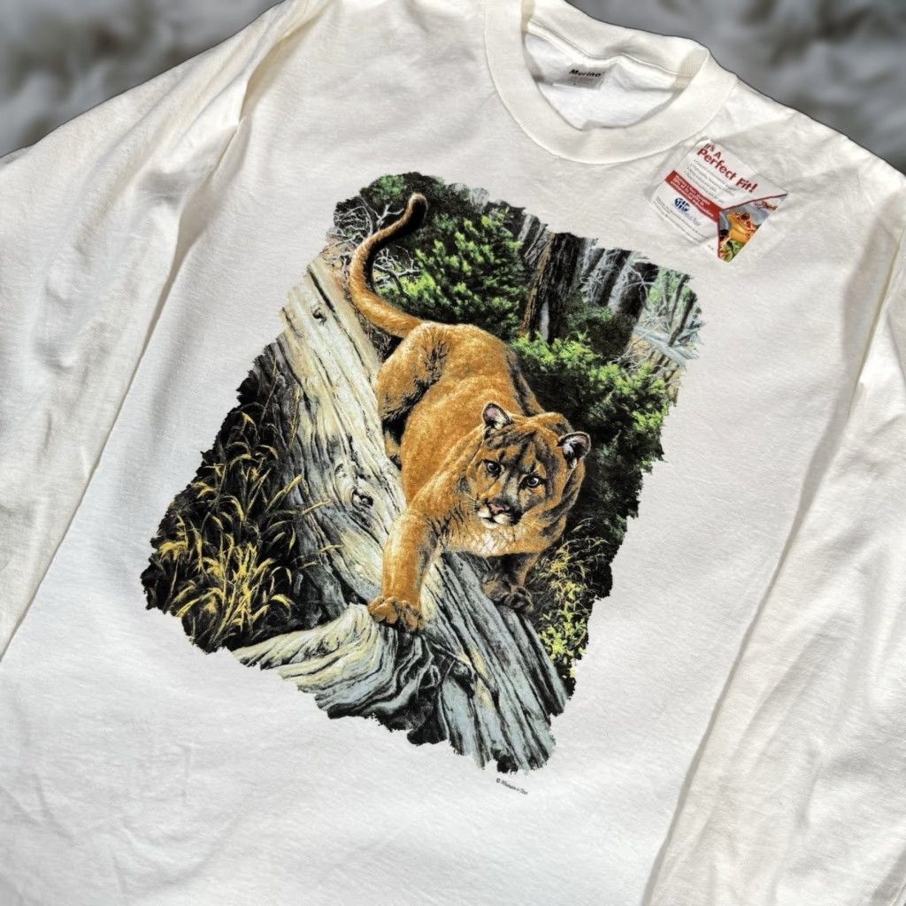 Vintage Human I Tees Mountain Lion T Shirt Mens L Slim Fit Long Sleeve 90s White Crew Neck C