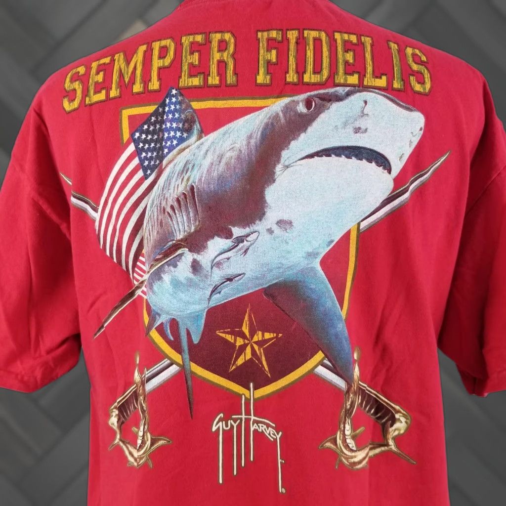 Harvey Vintage Guy Harvey Shirt Mens Xl Red Semper Fidelis Shark Pocket Graphic Usmc Tee Patriot