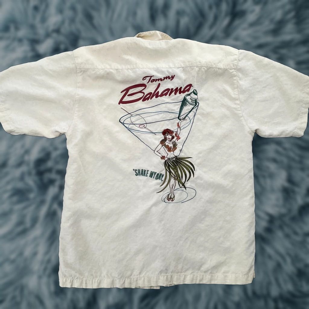 Bahama Vintage Tommy Bahama Shirt Adult Medium Beige Embroidered Hula Girl Martini Glass Tropi