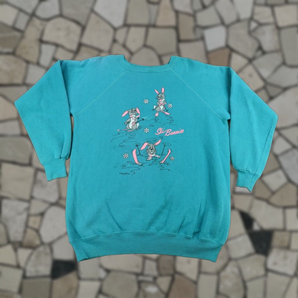 Vintage Hanes Ski Bunnies Sweatshirt Womens Xl Crewneck Blue 90s Bunny Winter Usa Graphic Prin T-Shirts, Hoodie