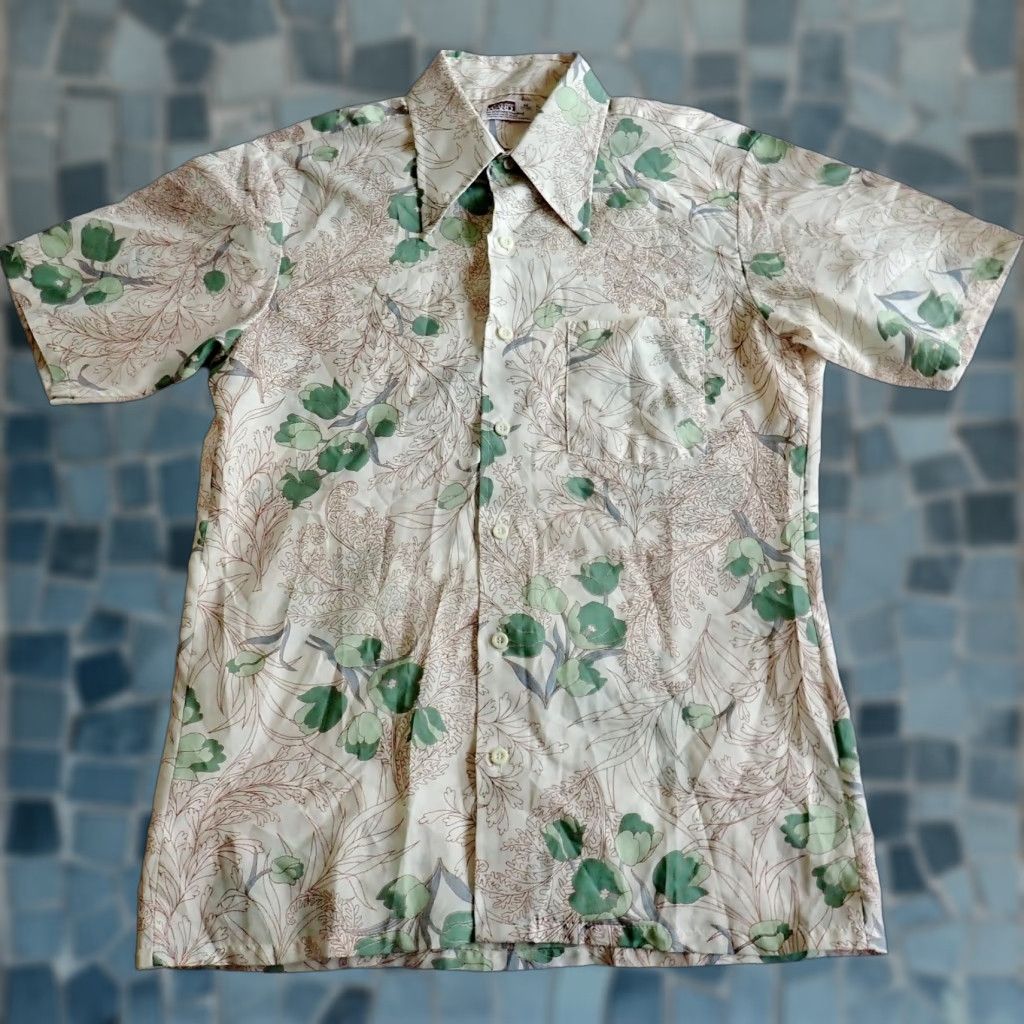 Vintage Montgomery Ward Mens M Floral Leaf Aop Shirt 70s Vintage Disco Rockabilly Big Collar