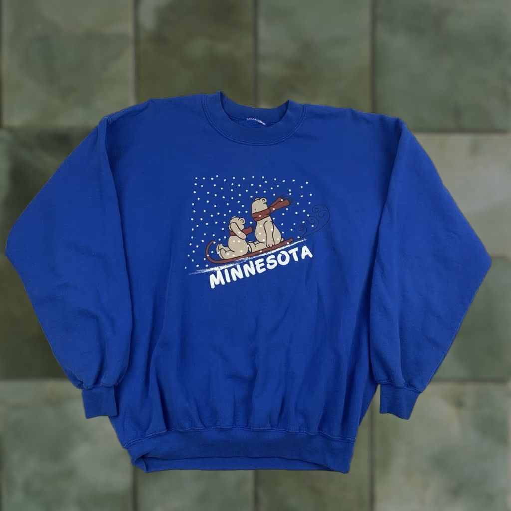 Vintage Minnesota Sweatshirt Men L Blue 90s Winter Bears Sledding Cute T-Shirts, Hoodie | FlexRushtees.com