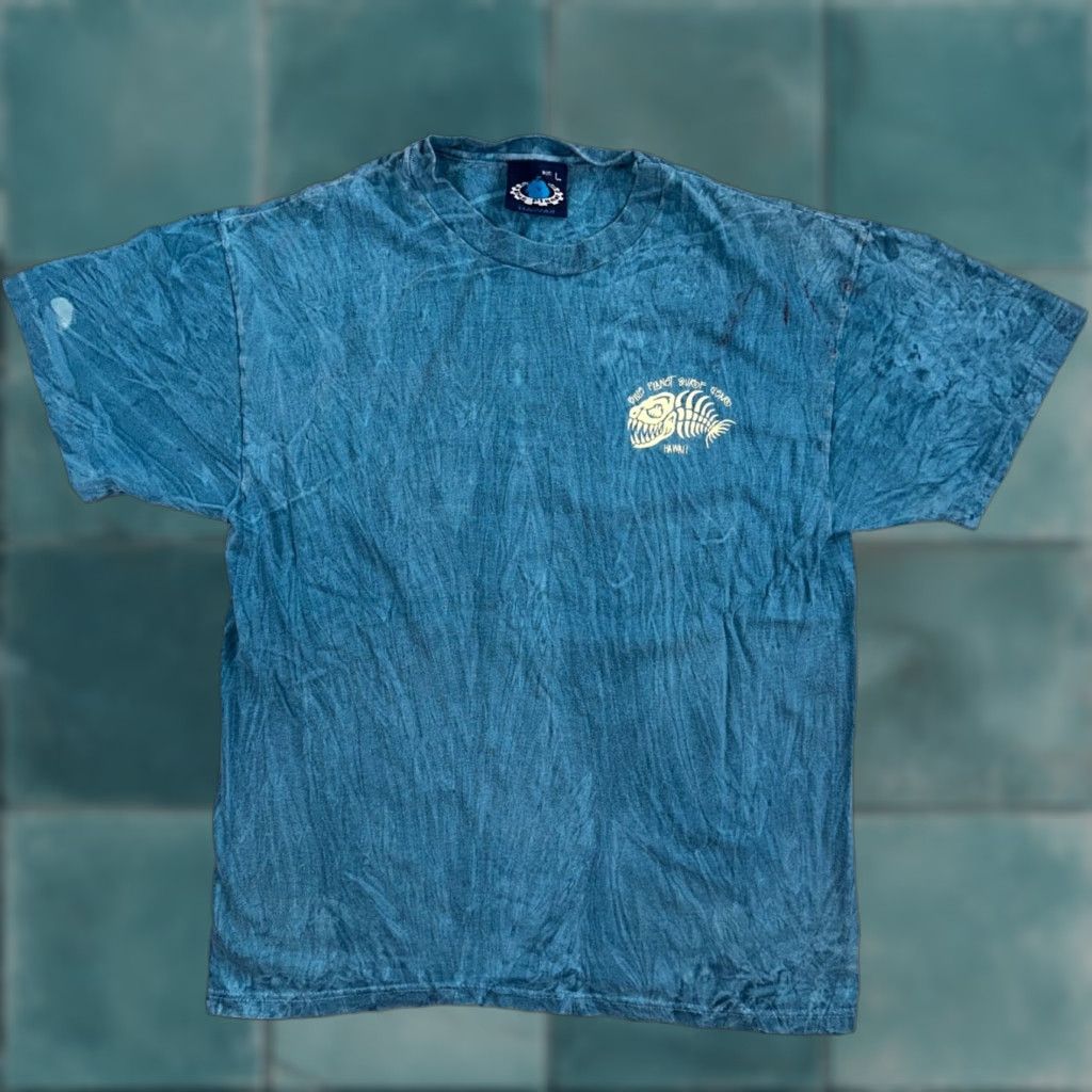 Vintage Surf Blue Planet T Shirt Short Sleeve Crew Neck L Blue 80s 70s 90s Ocean Fish Patter