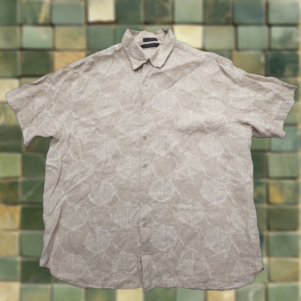 Vintage Axist Wave Washed Linen Hawaiian Shirt Mens Xl Beige Travel Tropical Light Floral Sh
